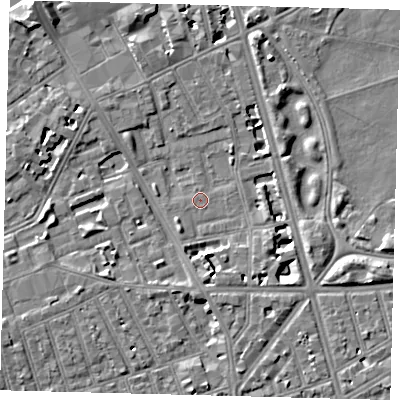 Shaded relief map of the ground around SW114AA, computed from Environment Agency LiDAR. The ground here sits at about 3 m above sea level and falls 9 m across the surrounding 800 m. Surface water reaching this point runs off ground lying to the east-south-east, 7.1 m higher.