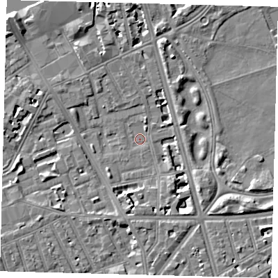 Shaded relief map of the ground around SW114AB, computed from Environment Agency LiDAR. The ground here sits at about 3 m above sea level and falls 9 m across the surrounding 800 m. Surface water reaching this point runs off ground lying to the east-south-east, 7.1 m higher.