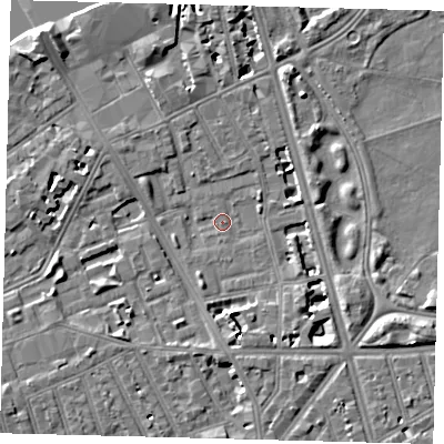 Shaded relief map of the ground around SW114AE, computed from Environment Agency LiDAR. The ground here sits at about 3 m above sea level and falls 9 m across the surrounding 800 m. Surface water reaching this point runs off ground lying to the east-south-east, 7.1 m higher.