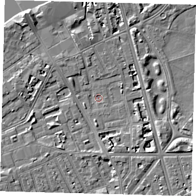 Shaded relief map of the ground around SW114AF, computed from Environment Agency LiDAR. The ground here sits at about 3 m above sea level and falls 9 m across the surrounding 800 m. Surface water reaching this point runs off ground lying to the south-east, 6.9 m higher.
