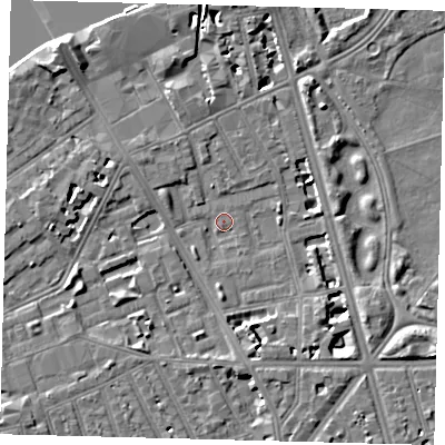 Shaded relief map of the ground around SW114AG, computed from Environment Agency LiDAR. The ground here sits at about 3 m above sea level and falls 9 m across the surrounding 800 m. Surface water reaching this point runs off ground lying to the east, 2.4 m higher.