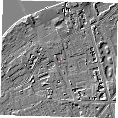 Shaded relief map of the ground around SW114AH, computed from Environment Agency LiDAR. The ground here sits at about 3 m above sea level and falls 9 m across the surrounding 800 m. Surface water reaching this point runs off ground lying to the west-south-west, 3.9 m higher.