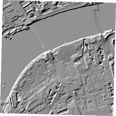 Shaded relief map of the ground around SW114AL, computed from Environment Agency LiDAR. The ground here sits at about 4 m above sea level and falls 7 m across the surrounding 800 m. Surface water reaching this point runs off ground lying to the west-north-west, 4.9 m higher.