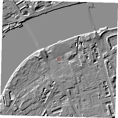 Shaded relief map of the ground around SW114AN, computed from Environment Agency LiDAR. The ground here sits at about 4 m above sea level and falls 6 m across the surrounding 800 m. Surface water reaching this point runs off ground lying to the west-north-west, 4.9 m higher.