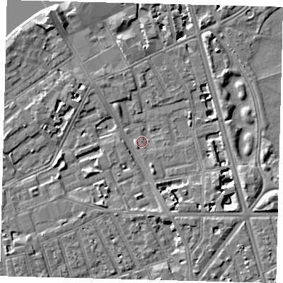Shaded relief map of the ground around SW114AQ, computed from Environment Agency LiDAR. The ground here sits at about 3 m above sea level and falls 9 m across the surrounding 800 m. Surface water reaching this point runs off ground lying to the east-north-east, 2.4 m higher.