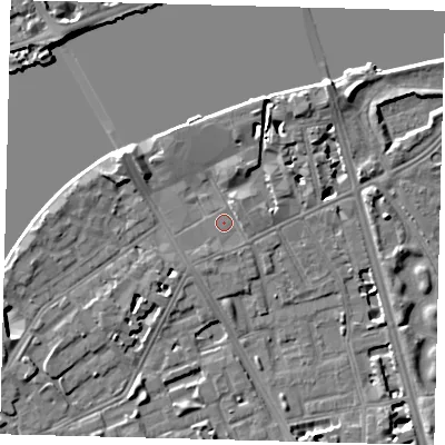 Shaded relief map of the ground around SW114AS, computed from Environment Agency LiDAR. The ground here sits at about 4 m above sea level and falls 9 m across the surrounding 800 m. Surface water reaching this point runs off ground lying to the north-west, 4.9 m higher.