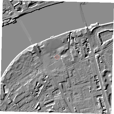 Shaded relief map of the ground around SW114AU, computed from Environment Agency LiDAR. The ground here sits at about 4 m above sea level and falls 6 m across the surrounding 800 m. Surface water reaching this point runs off ground lying to the west, 4.6 m higher.