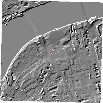 Shaded relief map of the ground around SW114AY, computed from Environment Agency LiDAR. The ground here sits at about 4 m above sea level and falls 7 m across the surrounding 800 m. Surface water reaching this point runs off ground lying to the west-north-west, 4.6 m higher.