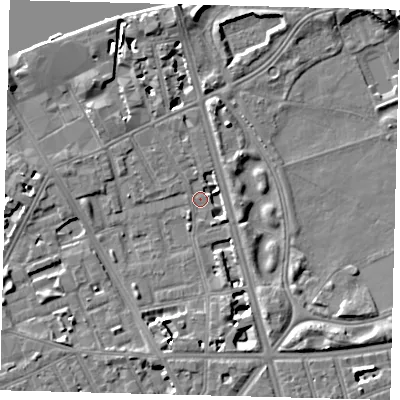 Shaded relief map of the ground around SW114DT, computed from Environment Agency LiDAR. The ground here sits at about 3 m above sea level and falls 9 m across the surrounding 800 m. Surface water reaching this point runs off ground lying to the north, 8.7 m higher.