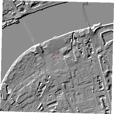 Shaded relief map of the ground around SW114EH, computed from Environment Agency LiDAR. The ground here sits at about 4 m above sea level and falls 6 m across the surrounding 800 m. Surface water reaching this point runs off ground lying to the west-north-west, 4.9 m higher.