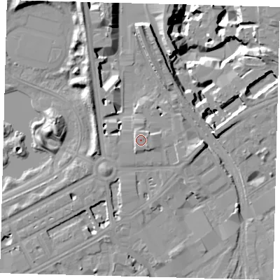 Shaded relief map of the ground around SW114FS, computed from Environment Agency LiDAR. The ground here sits at about 6 m above sea level and falls 18 m across the surrounding 800 m. Surface water reaching this point runs off ground lying to the south-east, 0.7 m higher.