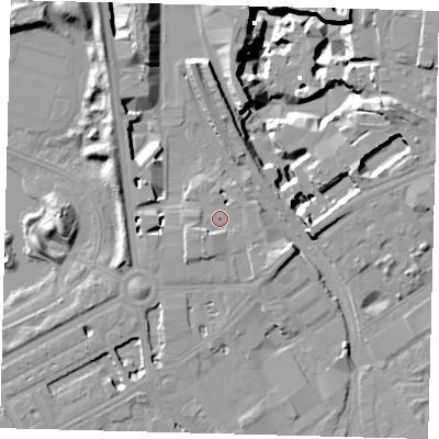 Shaded relief map of the ground around SW114FY, computed from Environment Agency LiDAR. The ground here sits at about 4 m above sea level and falls 19 m across the surrounding 800 m. Surface water reaching this point runs off ground lying to the east-south-east, 2.6 m higher.