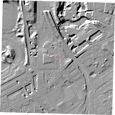 Shaded relief map of the ground around SW114GB, computed from Environment Agency LiDAR. The ground here sits at about 4 m above sea level and falls 18 m across the surrounding 800 m. Surface water reaching this point runs off ground lying to the west-south-west, 1.5 m higher.