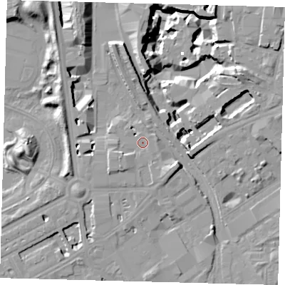 Shaded relief map of the ground around SW114GJ, computed from Environment Agency LiDAR. The ground here sits at about 4 m above sea level and falls 19 m across the surrounding 800 m. Surface water reaching this point runs off ground lying to the south-east, 2.6 m higher.