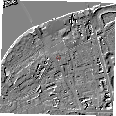 Shaded relief map of the ground around SW114LL, computed from Environment Agency LiDAR. The ground here sits at about 5 m above sea level and falls 9 m across the surrounding 800 m. Surface water reaching this point runs off ground lying to the north-east, 0.6 m higher.