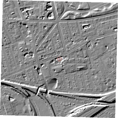 Shaded relief map of the ground around SW114LR, computed from Environment Agency LiDAR. The ground here sits at about 2 m above sea level and falls 11 m across the surrounding 800 m. Surface water reaching this point runs off ground lying to the west, 3.2 m higher.
