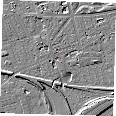 Shaded relief map of the ground around SW114LW, computed from Environment Agency LiDAR. The ground here sits at about 3 m above sea level and falls 12 m across the surrounding 800 m. Surface water reaching this point runs off ground lying to the south-east, 0.9 m higher.