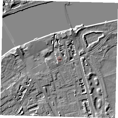 Shaded relief map of the ground around SW114NA, computed from Environment Agency LiDAR. The ground here sits at about 5 m above sea level and falls 6 m across the surrounding 800 m. Surface water reaching this point runs off ground lying to the north-north-east, 4.4 m higher.
