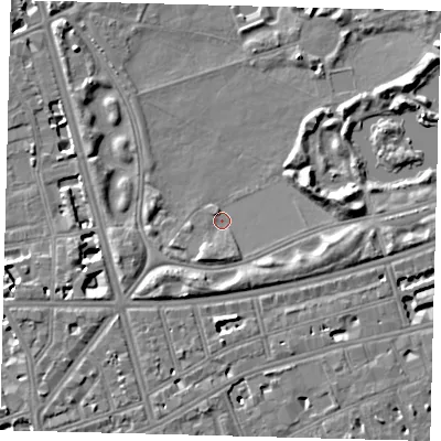 Shaded relief map of the ground around SW114NJ, computed from Environment Agency LiDAR. The ground here sits at about 3 m above sea level and falls 8 m across the surrounding 800 m. Surface water reaching this point runs off ground lying to the south-south-west, 3.6 m higher.