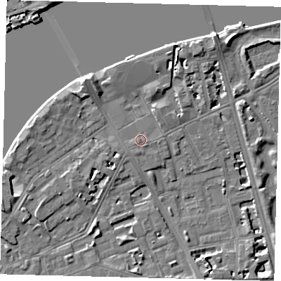 Shaded relief map of the ground around SW114NL, computed from Environment Agency LiDAR. The ground here sits at about 4 m above sea level and falls 9 m across the surrounding 800 m. Surface water reaching this point runs off ground lying to the south-west, 0.7 m higher.