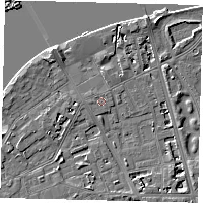 Shaded relief map of the ground around SW114NN, computed from Environment Agency LiDAR. The ground here sits at about 4 m above sea level and falls 9 m across the surrounding 800 m. Surface water reaching this point runs off ground lying to the west, 0.9 m higher.
