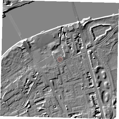 Shaded relief map of the ground around SW114NP, computed from Environment Agency LiDAR. The ground here sits at about 5 m above sea level and falls 9 m across the surrounding 800 m. Surface water reaching this point runs off ground lying to the west-north-west, 4.8 m higher.