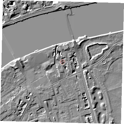 Shaded relief map of the ground around SW114NQ, computed from Environment Agency LiDAR. The ground here sits at about 4 m above sea level and falls 7 m across the surrounding 800 m. Surface water reaching this point runs off ground lying to the north, 3.7 m higher.