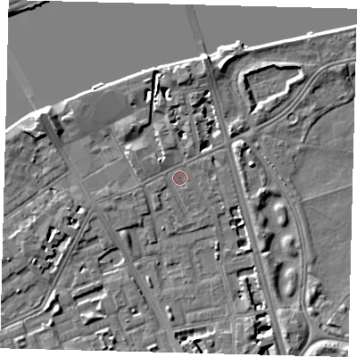 Shaded relief map of the ground around SW114NT, computed from Environment Agency LiDAR. The ground here sits at about 4 m above sea level and falls 9 m across the surrounding 800 m. Surface water reaching this point runs off ground lying to the west-north-west, 0.5 m higher.