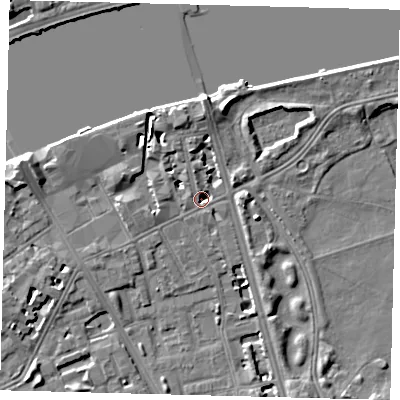 Shaded relief map of the ground around SW114NU, computed from Environment Agency LiDAR. The ground here sits at about 3 m above sea level and falls 6 m across the surrounding 800 m. Surface water reaching this point runs off ground lying to the north, 4.4 m higher.