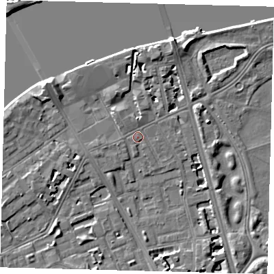 Shaded relief map of the ground around SW114NW, computed from Environment Agency LiDAR. The ground here sits at about 4 m above sea level and falls 9 m across the surrounding 800 m. Surface water reaching this point runs off ground lying to the north-west, 1.2 m higher.