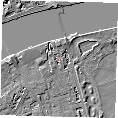 Shaded relief map of the ground around SW114NX, computed from Environment Agency LiDAR. The ground here sits at about 4 m above sea level and falls 7 m across the surrounding 800 m. Surface water reaching this point runs off ground lying to the north-north-east, 4.4 m higher.