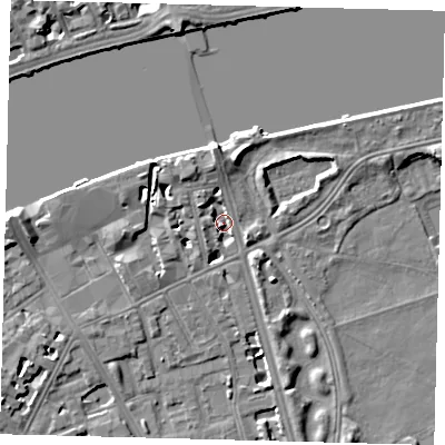 Shaded relief map of the ground around SW114PF, computed from Environment Agency LiDAR. The ground here sits at about 3 m above sea level and falls 6 m across the surrounding 800 m. Surface water reaching this point runs off ground lying to the north, 4.0 m higher.