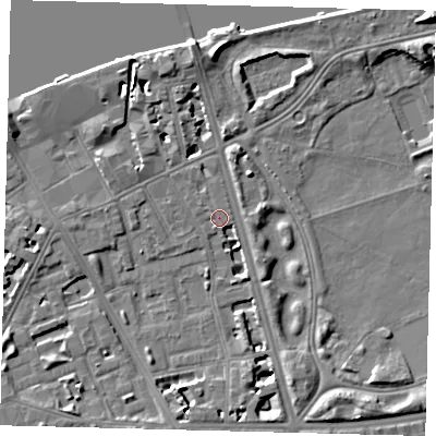 Shaded relief map of the ground around SW114PG, computed from Environment Agency LiDAR. The ground here sits at about 3 m above sea level and falls 10 m across the surrounding 800 m. Surface water reaching this point runs off ground lying to the north-north-west, 1.2 m higher.