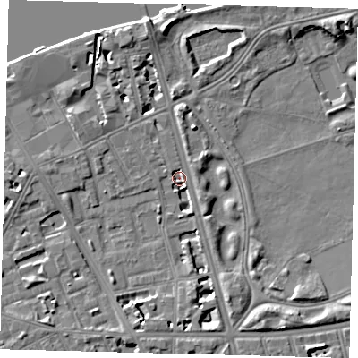 Shaded relief map of the ground around SW114PH, computed from Environment Agency LiDAR. The ground here sits at about 2 m above sea level and falls 9 m across the surrounding 800 m. Surface water reaching this point runs off ground lying to the north, 8.7 m higher.