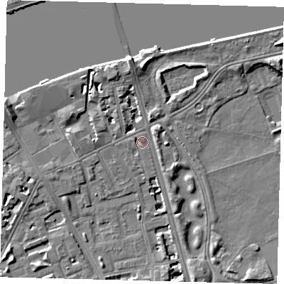 Shaded relief map of the ground around SW114PJ, computed from Environment Agency LiDAR. The ground here sits at about 4 m above sea level and falls 9 m across the surrounding 800 m. Surface water reaching this point runs off ground lying to the west, 1.3 m higher.