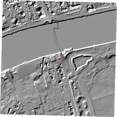 Shaded relief map of the ground around SW114PL, computed from Environment Agency LiDAR. The ground here sits at about 6 m above sea level and falls 7 m across the surrounding 800 m. Surface water reaching this point runs off ground lying to the west-south-west, 1.3 m higher.