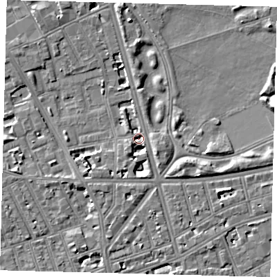 Shaded relief map of the ground around SW114QA, computed from Environment Agency LiDAR. The ground here sits at about 2 m above sea level and falls 8 m across the surrounding 800 m. Surface water reaching this point runs off ground lying to the south-south-west, 6.4 m higher.