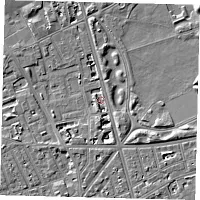 Shaded relief map of the ground around SW114QB, computed from Environment Agency LiDAR. The ground here sits at about 2 m above sea level and falls 7 m across the surrounding 800 m. Surface water reaching this point runs off ground lying to the south, 6.4 m higher.