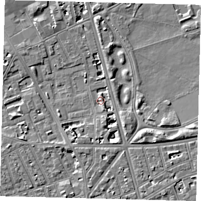 Shaded relief map of the ground around SW114QD, computed from Environment Agency LiDAR. The ground here sits at about 4 m above sea level and falls 7 m across the surrounding 800 m. Surface water reaching this point runs off ground lying to the south-west, 4.4 m higher.