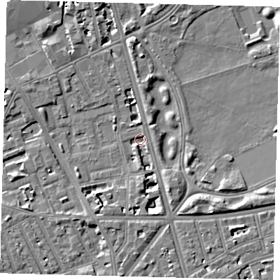 Shaded relief map of the ground around SW114QE, computed from Environment Agency LiDAR. The ground here sits at about 2 m above sea level and falls 7 m across the surrounding 800 m. Surface water reaching this point runs off ground lying to the south-south-west, 6.7 m higher.