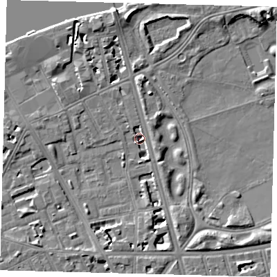 Shaded relief map of the ground around SW114QG, computed from Environment Agency LiDAR. The ground here sits at about 2 m above sea level and falls 9 m across the surrounding 800 m. Surface water reaching this point runs off ground lying to the north, 8.7 m higher.