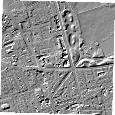 Shaded relief map of the ground around SW114QN, computed from Environment Agency LiDAR. The ground here sits at about 4 m above sea level and falls 7 m across the surrounding 800 m. Surface water reaching this point runs off ground lying to the south-south-west, 1.3 m higher.