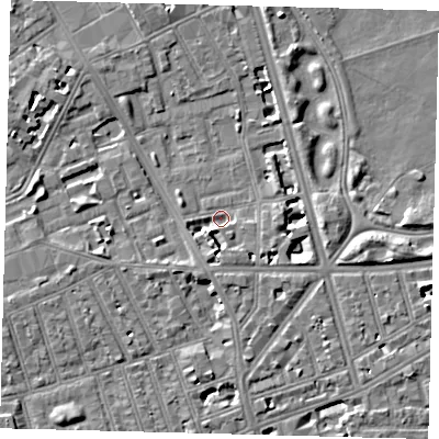 Shaded relief map of the ground around SW114QR, computed from Environment Agency LiDAR. The ground here sits at about 3 m above sea level and falls 7 m across the surrounding 800 m. Surface water reaching this point runs off ground lying to the south, 4.4 m higher.