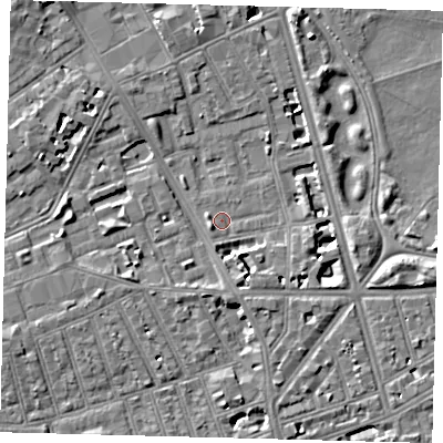 Shaded relief map of the ground around SW114QS, computed from Environment Agency LiDAR. The ground here sits at about 3 m above sea level and falls 8 m across the surrounding 800 m. Surface water reaching this point runs off ground lying to the south-south-east, 6.7 m higher.