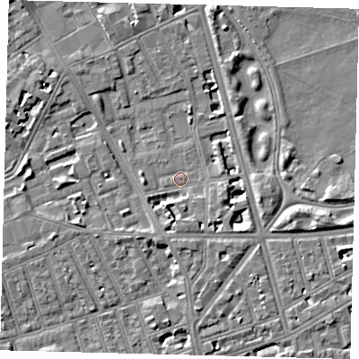 Shaded relief map of the ground around SW114QT, computed from Environment Agency LiDAR. The ground here sits at about 3 m above sea level and falls 8 m across the surrounding 800 m. Surface water reaching this point runs off ground lying to the south, 6.7 m higher.