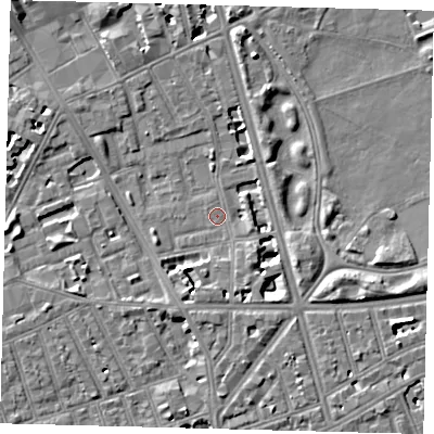 Shaded relief map of the ground around SW114QU, computed from Environment Agency LiDAR. The ground here sits at about 3 m above sea level and falls 8 m across the surrounding 800 m. Surface water reaching this point runs off ground lying to the south-south-west, 6.7 m higher.