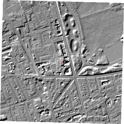 Shaded relief map of the ground around SW114QW, computed from Environment Agency LiDAR. The ground here sits at about 5 m above sea level and falls 7 m across the surrounding 800 m. Surface water reaching this point runs off ground lying to the south-south-west, 6.4 m higher.