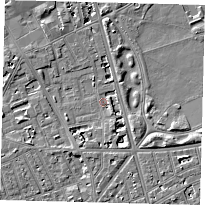 Shaded relief map of the ground around SW114QX, computed from Environment Agency LiDAR. The ground here sits at about 3 m above sea level and falls 7 m across the surrounding 800 m. Surface water reaching this point runs off ground lying to the south-south-west, 6.7 m higher.