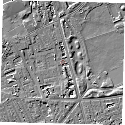 Shaded relief map of the ground around SW114QY, computed from Environment Agency LiDAR. The ground here sits at about 3 m above sea level and falls 7 m across the surrounding 800 m. Surface water reaching this point runs off ground lying to the south-south-west, 6.7 m higher.