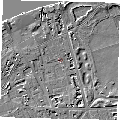 Shaded relief map of the ground around SW114RA, computed from Environment Agency LiDAR. The ground here sits at about 3 m above sea level and falls 9 m across the surrounding 800 m. Surface water reaching this point runs off ground lying to the north, 8.7 m higher.